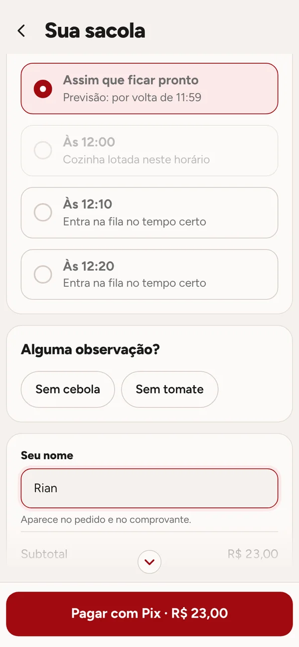 Sacola com o nome do cliente e a fila