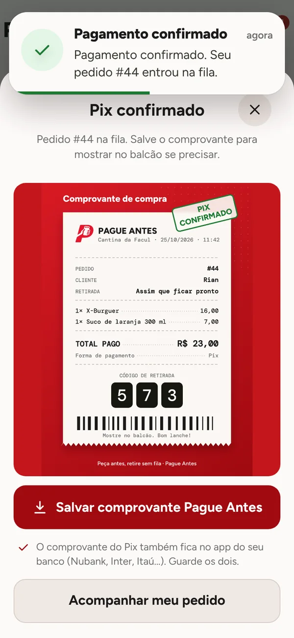 Pix confirmado e comprovante